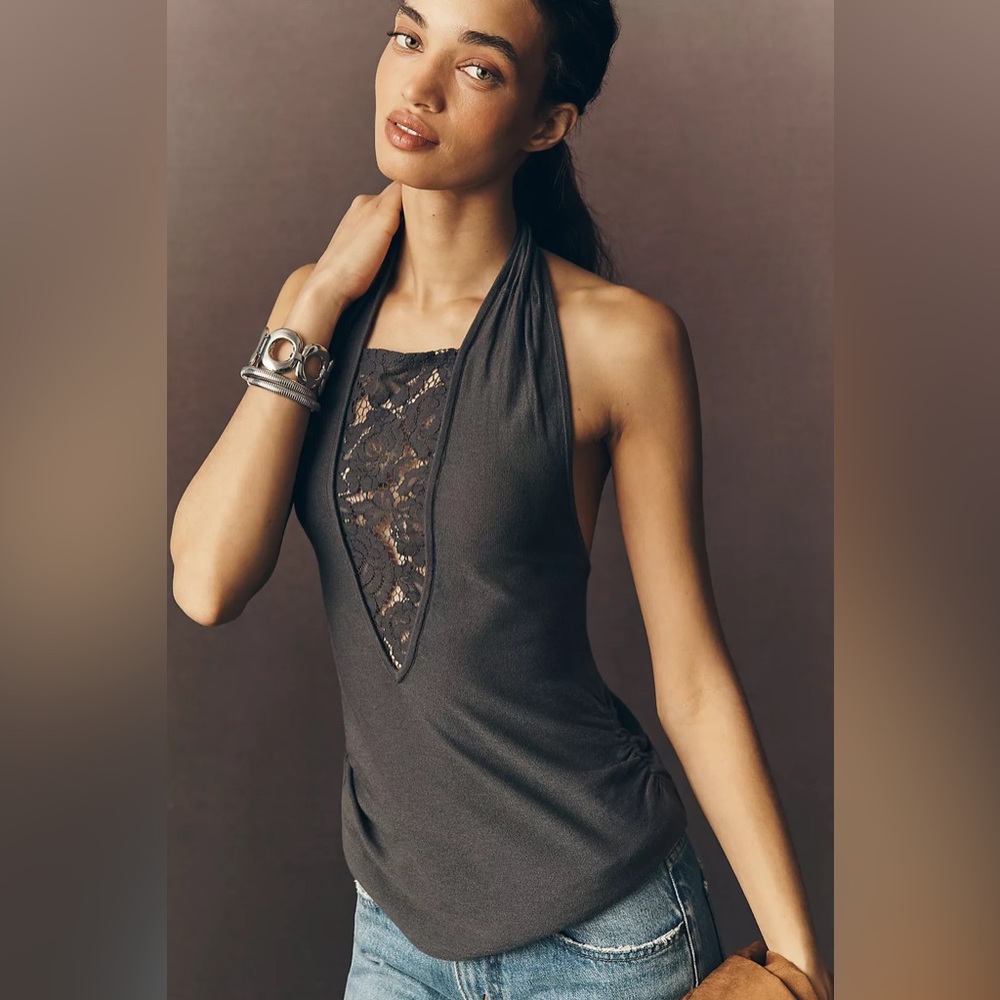NWT! By Anthropologie Charcoal Plunging Lace V-Neck Top - Size Large 🧁
